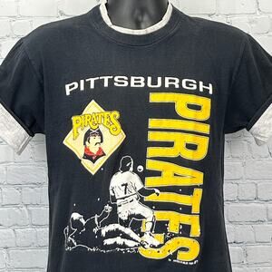 Vintage 90s Pittsburgh Pirates T Shirt MLB Baseball Flip Cuffs Black M Medium